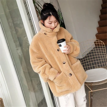 

Fur Wool Jacket Women Thick Warm Plus Size Coats 2020 New Streetwear Fashion Big Pocket Wide Waiste Motorcycle Fur Coat Female