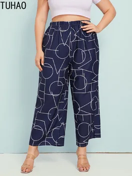 

TUHAO Mother Mom Vintage Striped Print Pant Trousers 2020 Summer Women's Plus Size 4XL 3XL 2XL Elastic Loose Wide Leg Pants WM30