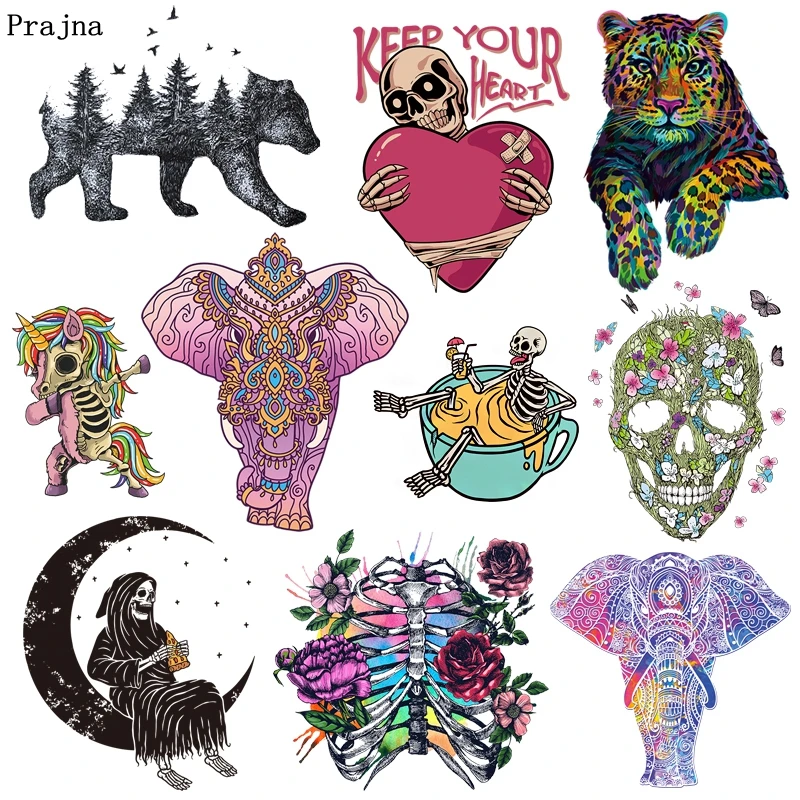 

Prajna Grim Reaper Skull Iron On Transfers Vynil Heat Transfer Punk Elephant Leopard Animal Ironing Stickers Thermal Patches DIY