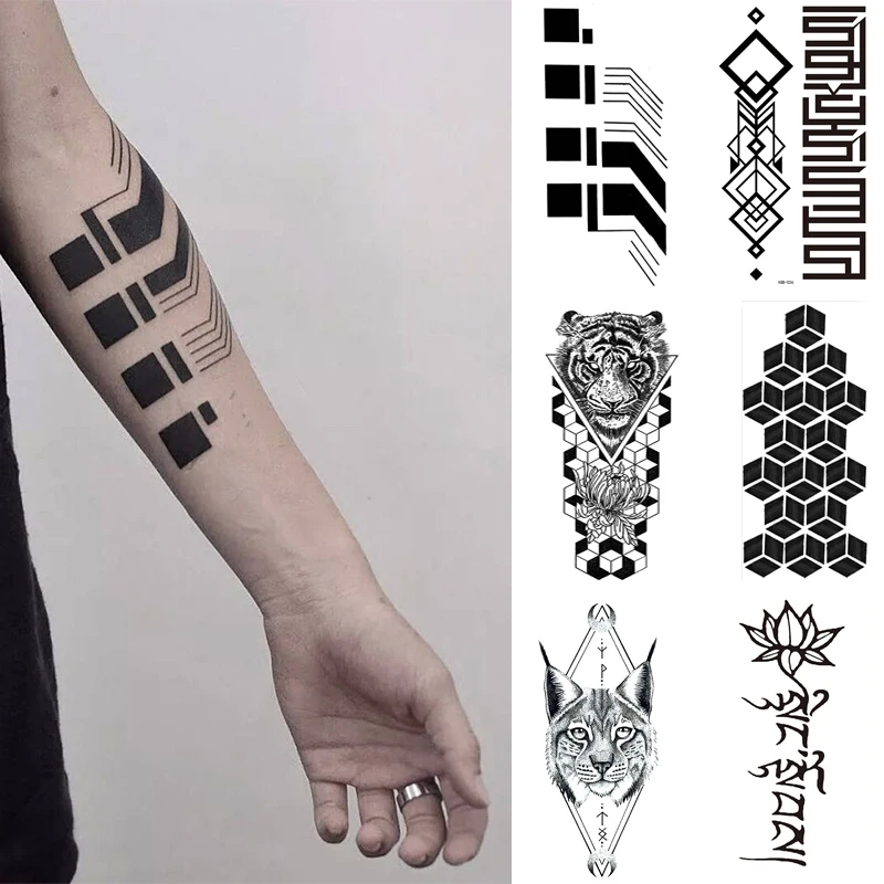 

Black Lattice Waterproof Temporary Tatoo Stickers Line Geometry Art Water Transfer Tiger Fake Tattoo Flash Tatto for Men Women