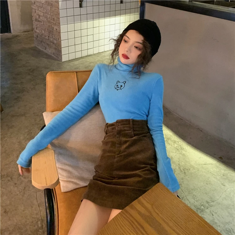 Флисовые футболки с вышитым котом, осенняя Водолазка с длинным рукавом, Harajuku Kawaii, женские теплые облегающие топы, уличная одежда W299