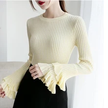 RICININA, повседневный женский свитер, длинный рукав, Круглый ворот, однотонный, с оборками, вязаный пуловер, Mujer, осенние свитера для женщин, Свитера для девушек