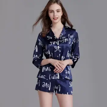 

пижама Short Sleeve Silk Pajamas Spring Women Summer Pajama Sets Silk Letter Printed Pijama Sleepwear Pyjamas Nightwear Set A40