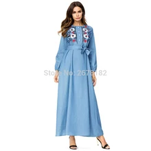 Небесно-голубое длинное джинсовое платье с длинным рукавом и поясом, джинсовые платья с вышивкой на лодыжке для Дубая, кафтан Анаркали, Абая мусульманская Абая