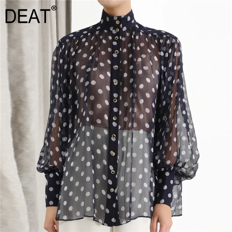 

DEAT 2020 new spring and summer turtleneck lantern sleeves polka dots single breated see throw shirt female blouse WK28401L