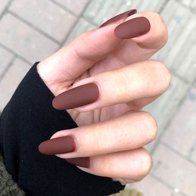 Khaki Pure Color Frosted Ballet matte Fake Nail press on Wearable Detachable Nail Tip Long Healthy full cover for Girl