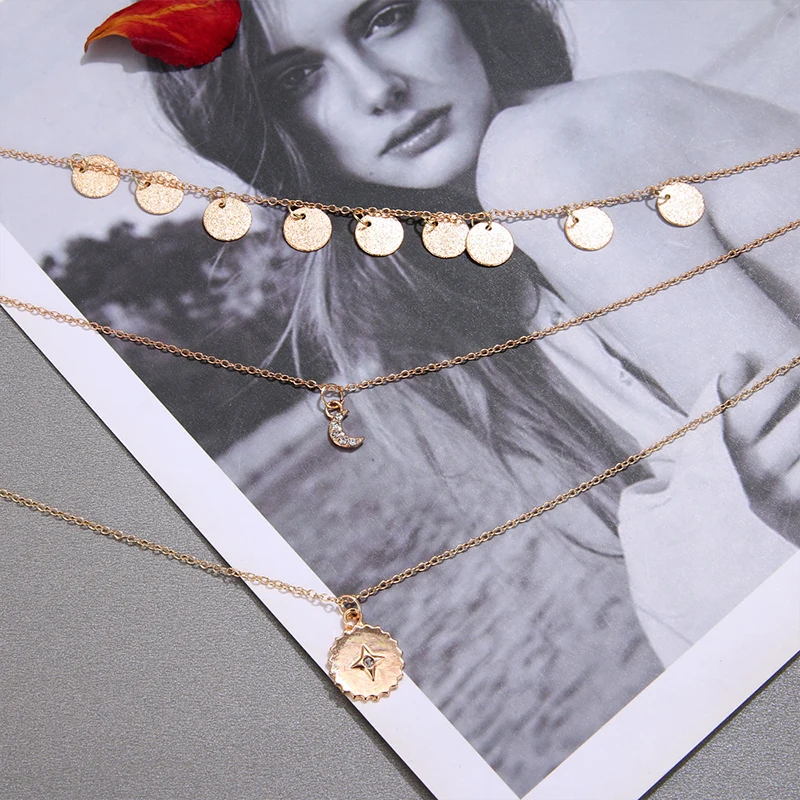 Bohemian Moon Sun CZ Pendant Necklace For Women Gold Multi Layer Pendant Sweater Chain Fashion Ladies Party Jewelry