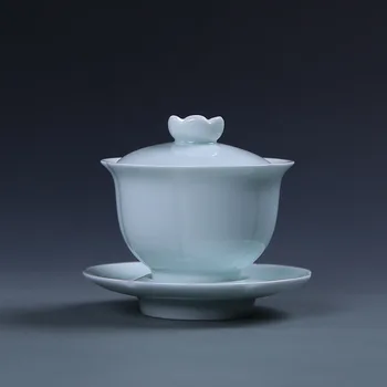 

Petal Covered Bowl White Porcelain Shadow Blue Glaze Chinese KungFu Tea Set Cup Handmade Large-sized Ceramic Tasting Tea Gifts
