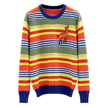 

Rainbow Striped Women Loose Sweater Pullovers 2019 Autumn Runway Embroidery Deer O-neck Casual Knitted Sweater Tops P-066