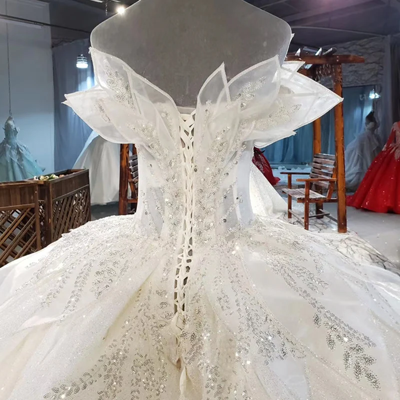 HTL1906 Deep V-Neck Luxury Beading Sequined Wedding Dress 2020 Short Sleeve Lace Up Back Off The Shoulder 6