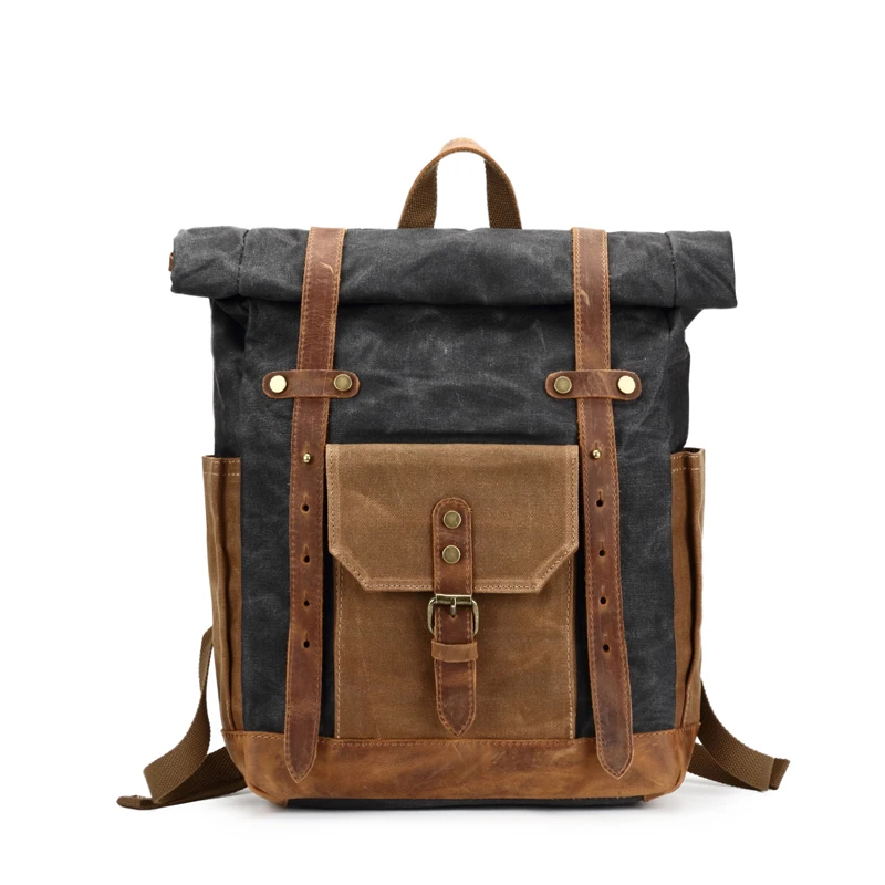 

Vintage Oil Waxed Canvas Leather Backpack Large Capacity Teenager Traveling Waterproof Daypacks 14 Inch Laptops Rucksack Black