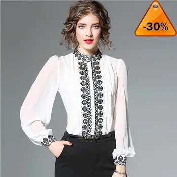 

Summer Fashion Women Chiffon Blouse Elegant Stand Collar Lanter Long Sleeve Embroidery Shirt White Black Two Pieces Office Tops