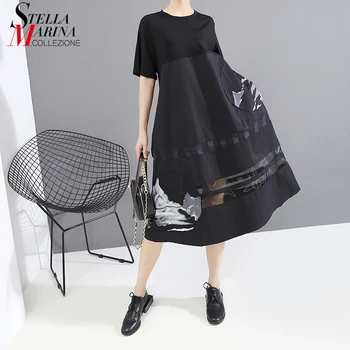 

* New 2020 Korean Style Women Summer Black Printed Dress Short-Sleeve O Neck Mesh Join Ladies Midi Casual Wear Dress Robe 6126