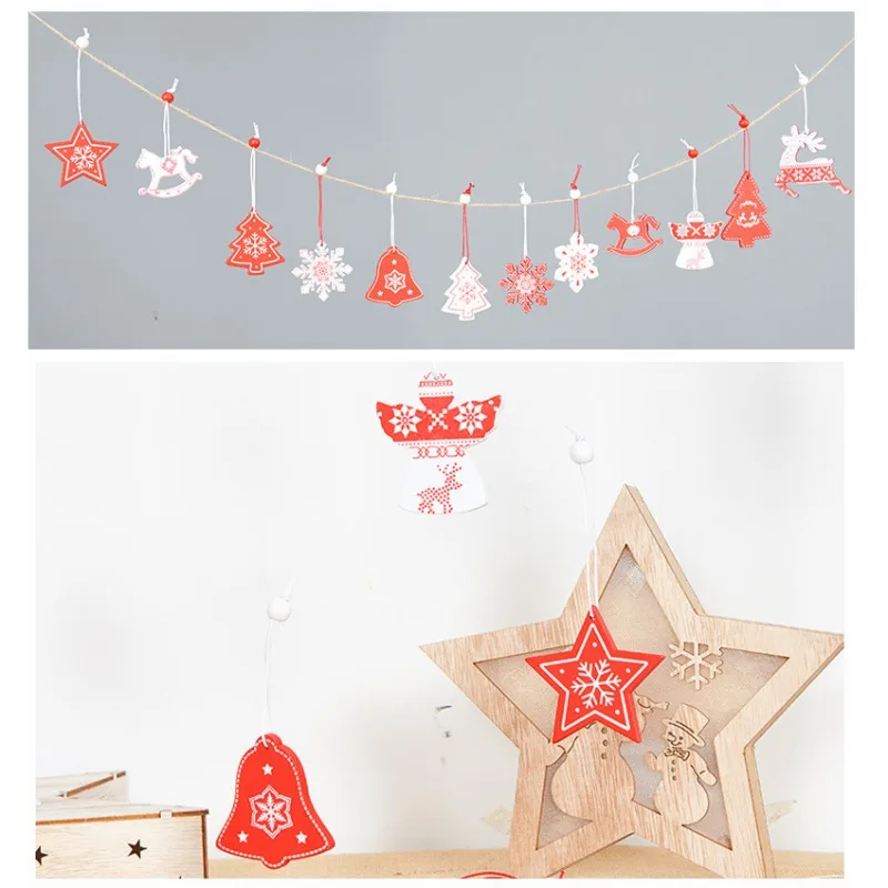 

12/pcs Christmas Accessories Wood Christmas Pendants Hanging Drop Ornaments For Holiday Home Bar Shop Decor DIY Craft