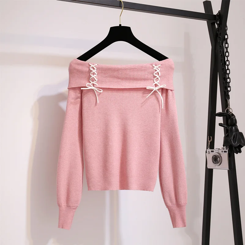 Pink sweater Кавайный розовый свитер на шнуровке с открытыми плечами, женский осенне-зимний вязаный свитер с длинным рукавом в стиле Лолиты, пуловеры, джемперы для девушек - Цвет: Pink sweater