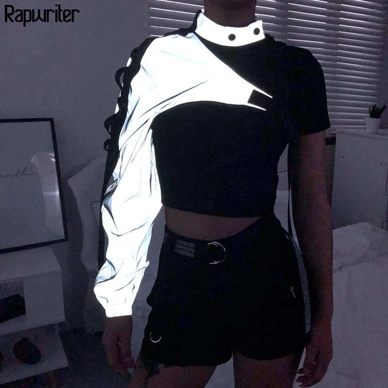 

Rapwriter Fashion One Shoulder Plastic Buckle Long Sleeve Reflective Sweatshirt Women 2019 Fall Outwear Harajuku Halter Crop Top