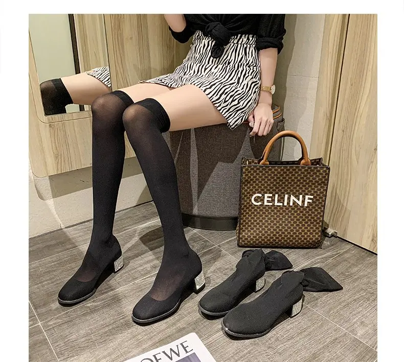 

Slim Stretch Ankle Boots for Women zapatos de mujer Toe Sock Boots Square High Heel Boots Shoes Woman Fashion Bota Feminina