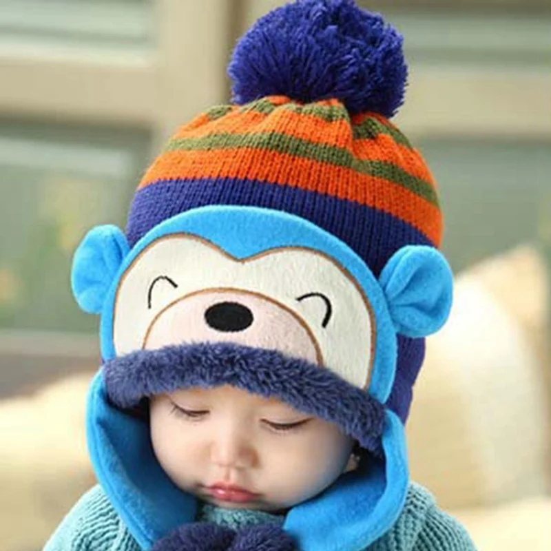 Новинка года; модная теплая зимняя шапка с обезьянкой для маленьких мальчиков и девочек; шапка в полоску с изображением обезьяны; аксессуары для фотографирования новорожденных