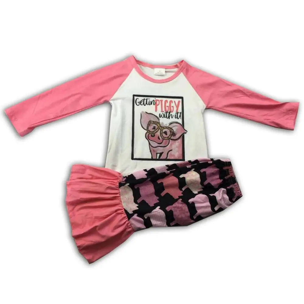 

Hot Sale Autumn Winter Spring Ruffle Pants Outfits Pink pig Cartoon Boutique Outfits Girls