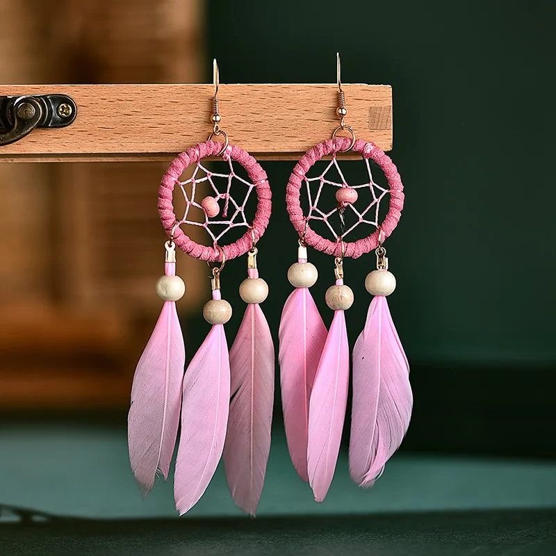 Drop Earrings Bohemian Hollow Dream Catcher Leaf Feather For Women