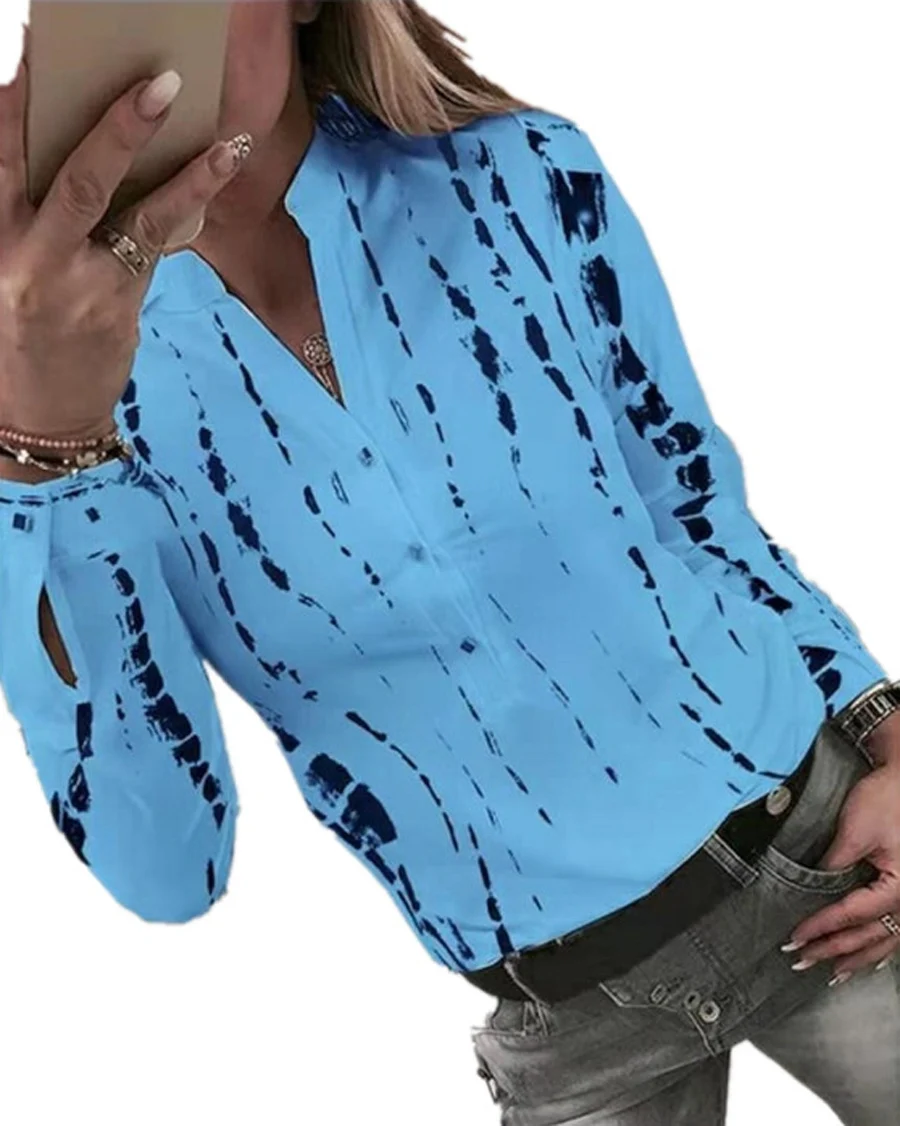 Сексуальная офисная блуза с v-образным вырезом и пуговицами, элегантная рубашка с принтом и длинным рукавом, женские облегающие топы размера плюс, Осенние Блузы - Цвет: Blue