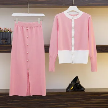 

Fashion 2019 Korean Women 2 Piece Set Fall Winter Pink Single Breasted Knitted O Neck Sweater Coat + Pencil Split Long Skirt Set