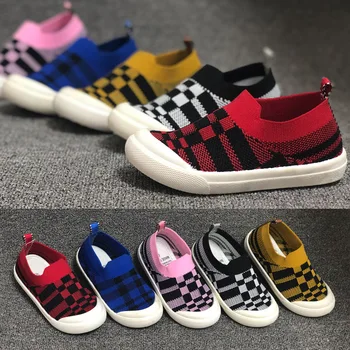 

Children Shoes For Boys Girls Soft Fabric Sock Style Slip-on Checkered Kids Sneakers Kid Toddler Boy Girl Flat Casual Shoes Grid
