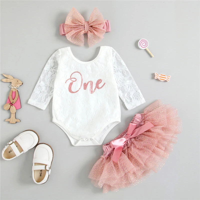 Cute Baby Clothing Girls My First Birthday Outfits Long Sleeve Floral Lace Romper Tutu Skirt Headband Baby's Set Baby Clothing Set