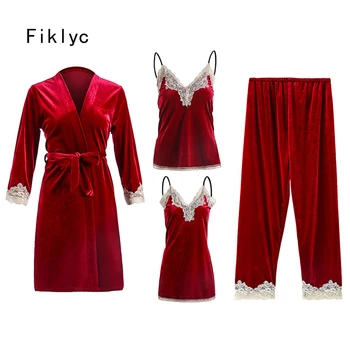 

Fiklyc underwear women's winter velvet pajamas sets four-pieces padded chest female sexy nightwear sets with lace HOT ITEMS