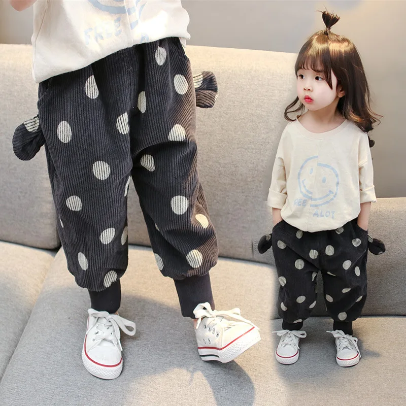 

2019 New Style Korean-style Pants Girls Autumn And Winter plus Velvet Trousers Small CHILDREN'S Baby Dotted Corduroy Pants Kmt18