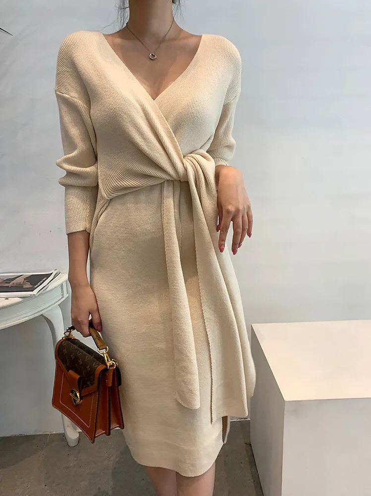 

Warm Knitted Korean Style Autumn Solid Jumper Dresses Thick 2022 Winter Pollover Sweater Dress Women Woman Apricot Grey Vestido