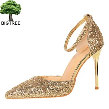 

BIGTREE Women Buckle Solid Sequined Cloth Shallow High Heels Shoes Pointed Toe Thin Heels Women's Sandals Sexy Party Shoes