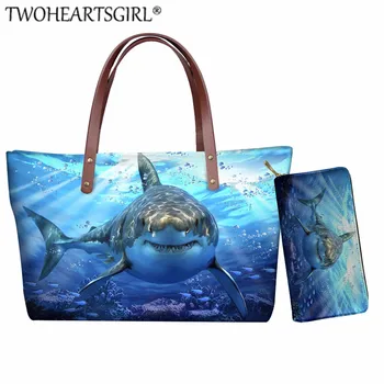 

Twoheartsgirl Shark Printing 2 pcs Handbag Set for Women Ladies Neoprene Shoulder Bags &Wallets Fashion Female Party Tote Bags