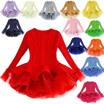 

Girl Dress Knitting Long Sleeve Ball Gown Dresses For Girl Pink Red Blue Yellow Kids Winter Long Sleeve PartyDresses Girls