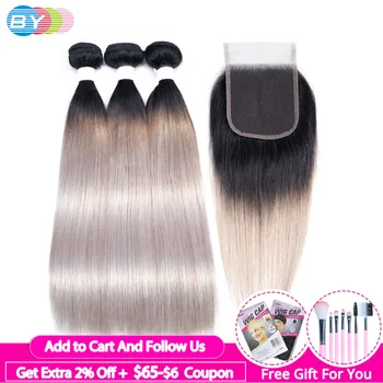 

Straight Hair Bundles With Closure Pre-Colord Ombre Human Hair Bundles With Closure Brazilian OT Silver Remy Hair Extension BY