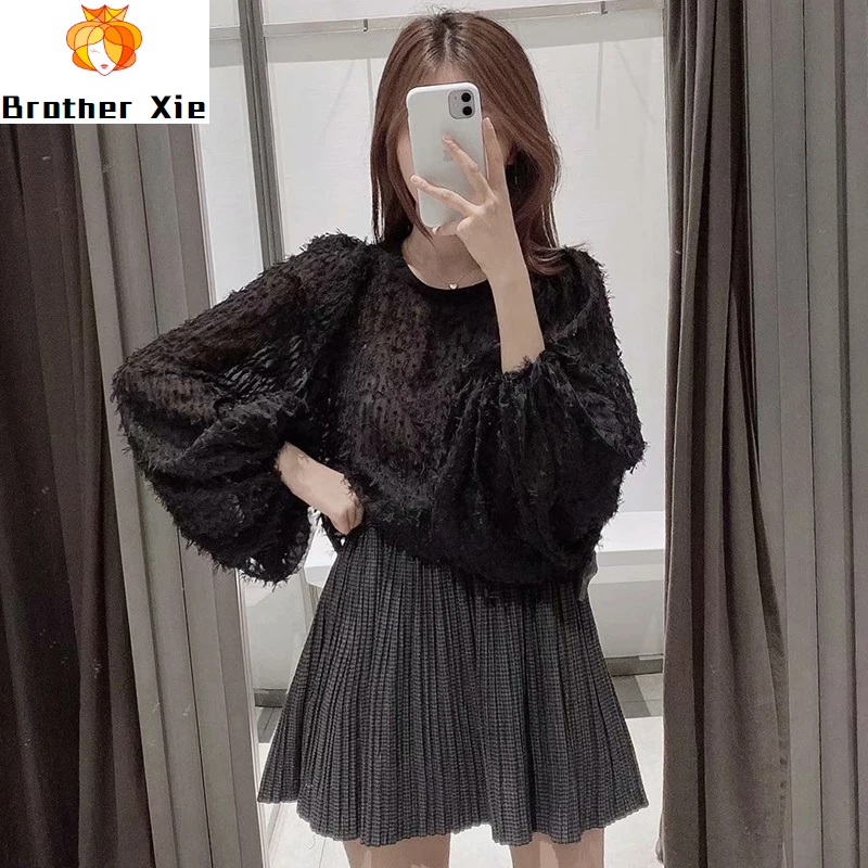 

Solid Women Blouse Fashion Tassel Patchwork Shirt Chic O Neck Ladies Tops Spring Autumn Puff Long Sleeve Loose Femininas Blouse