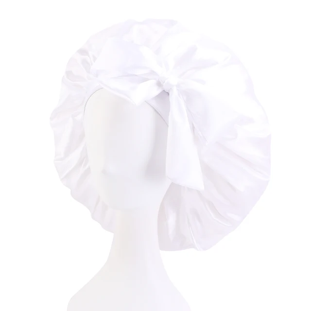 New Women Big Size Beauty print Satin Silky Bonnet Sleep Night Cap Head Cover Bonnet Hat for For Curly Springy Hair Black 405A-2 white