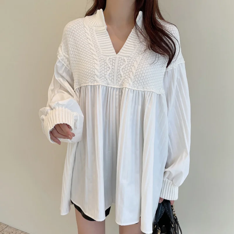 

Корейская шикарная Осенняя нишевая рубашка в стиле ретро с V-образным вырезом, Вязаная Дизайнерская Свободная рубашка с пышными рукавами, Женская мода 2021 N163