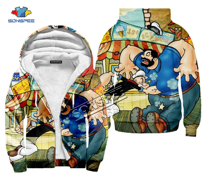 Popeye, Спортивная толстовка с капюшоном, на молнии, кепка, худи для мужчин и женщин, Harajuku, с 3D принтом, мягкая, удобная, сохраняющая тепло, зимняя куртка в стиле хип-хоп
