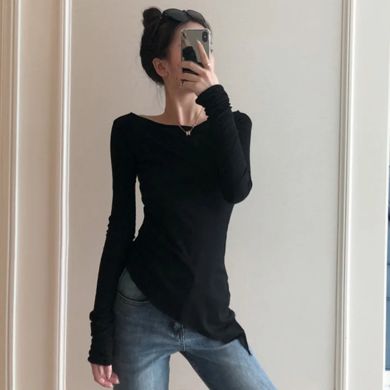 

T-Shirt Women Sexy Slim Long Sleeved Tops Solid Color Fashion Beveled Irregular Off-shoulder Bottoming Tops