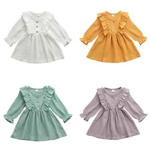 От 1 до 6 лет весенне-осенние Вечерние платья из хлопка и льна для маленьких девочек модное однотонное Открытое платье с длинными рукавами и оборками