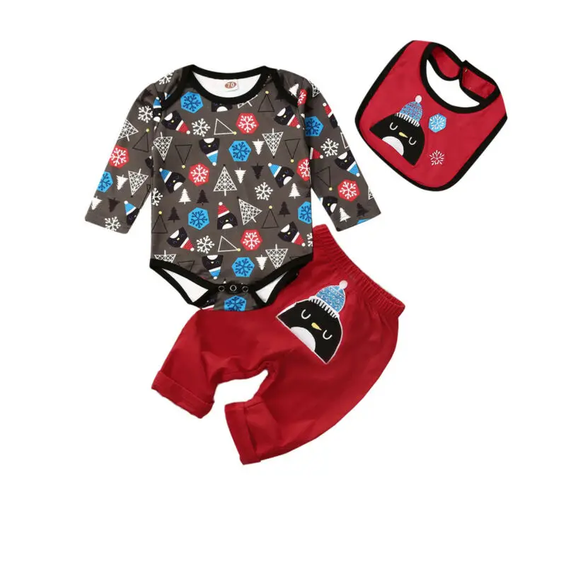 

0-24 Months Newborn Clothes Set Boy Girl Christmas Outfits Set Penguin Print Romper Bodysuit Leggings Bibs Baby Girls Clothes