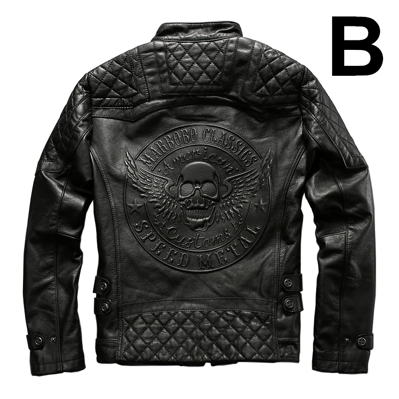 90% OFF AFF6 Read Description! Asian size rider jacket mens leather jacket man's genuine cowhide embroidery skull leather jacket