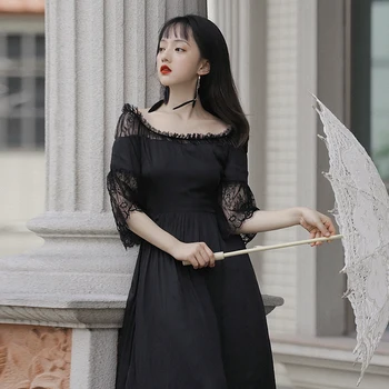 

Women Lace Elegant Square Collar Dress Spring And Winter Mid-Calf Empire Waist Vintage Female Dresses