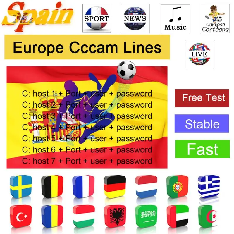 

6Lines 1 Year Europe Cccam Cline 8 lines 1 Year Oscam Cline HD AV Cable For Satellite Receiver DVB-S2 Spain