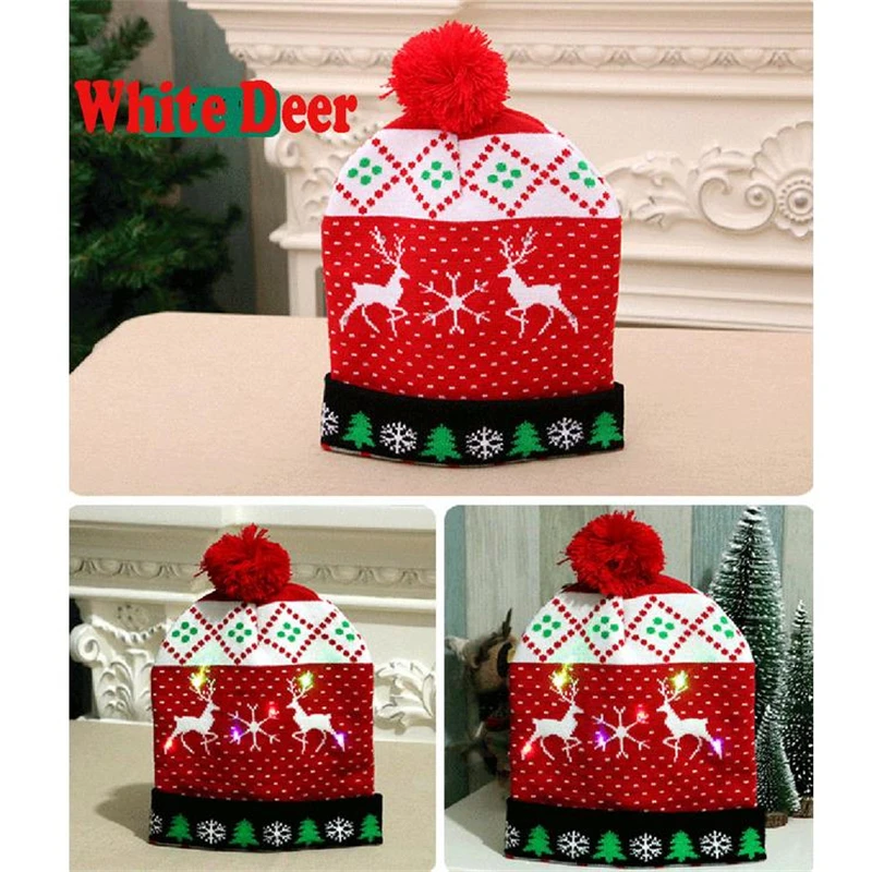White Deer Хит, Рождественский трикотаж, Рождественская шапка, Рождественская шапка Санты, семейная красочная светящаяся вязаная шапка, шапка с оленем, снеговиком, Рождественский Декор для взрослых детей и малышей - Цвет: White Deer