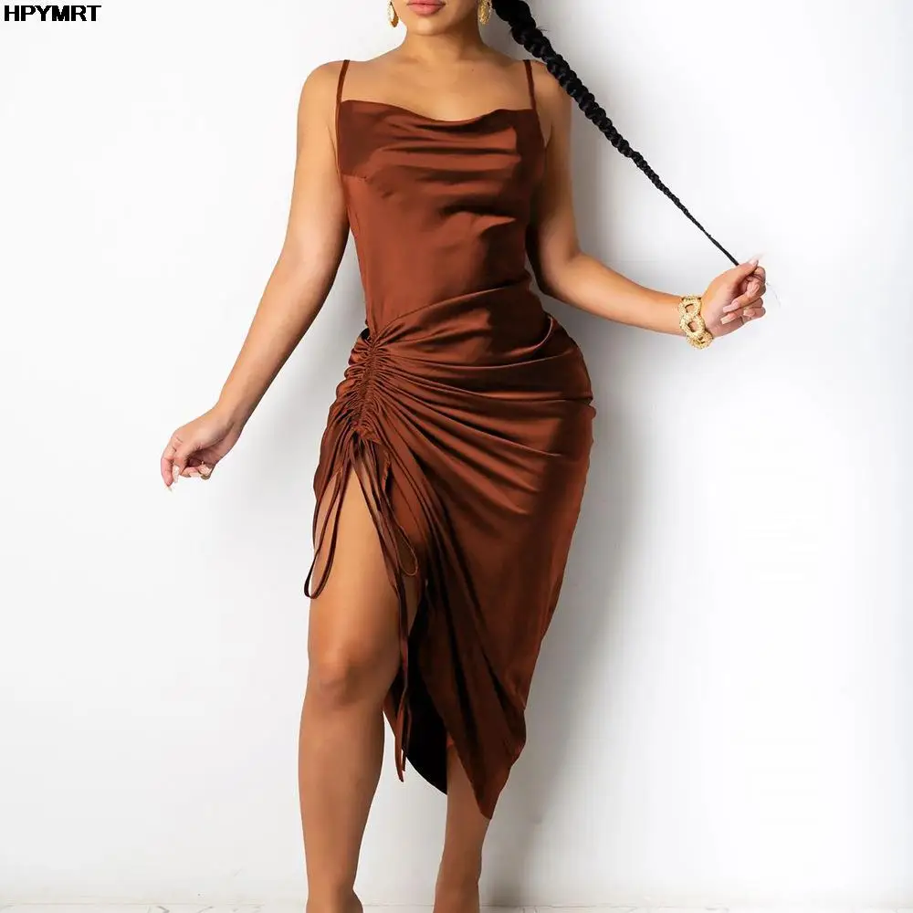 

Sexy Red Satin Silk Spaghetti Straps Slim Dress Women Sleeveless Side High Split Backless elegant evening dress Party Streetwear