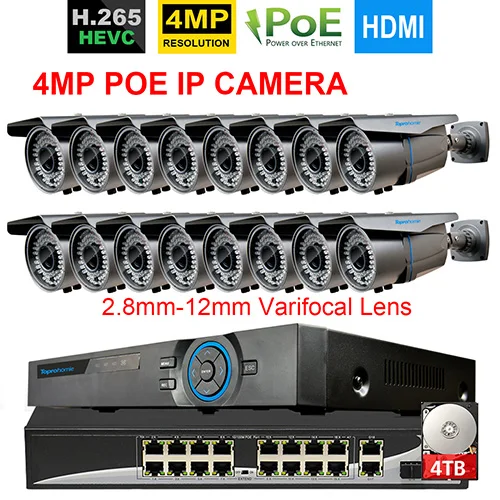 TOPROHOMIE H.265+ 16CH NVR система 5MP POE NVR комплект 4MP IP66 водонепроницаемый 2,8 мм-12 мм зум POE ip-камера 16CH комплект видеонаблюдения - Цвет: 16CH NVR x 16 Camera