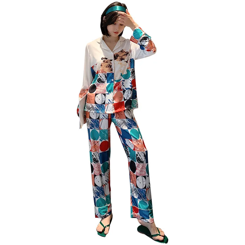 

Spring And Summer Pajamas Women Ice Silk Thin Section Cute Sweet Cardigan Home Service Long Sleeve Trousers Two-Piece
