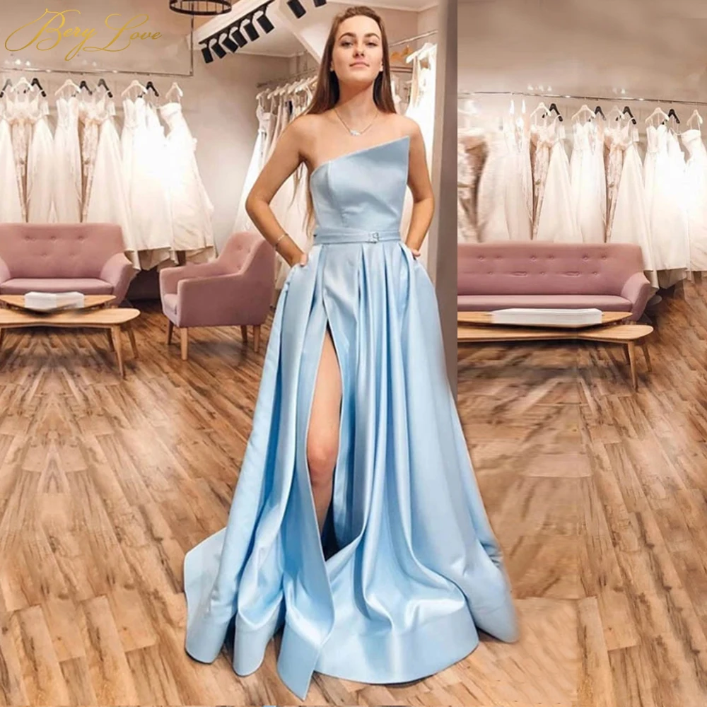 BeryLove Blue Long Elegant Evening Dress 2020 Off Shoulder High Slit Satin Formal Party Dress Fresh Look Prom Dress Long Sky Blu
